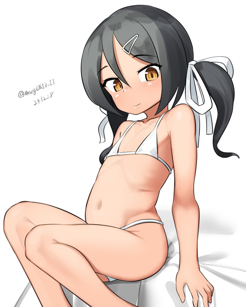 1girl, absurdres, bikini, black_hair, brown_eyes, dated, feet_out_of_frame, flat_chest