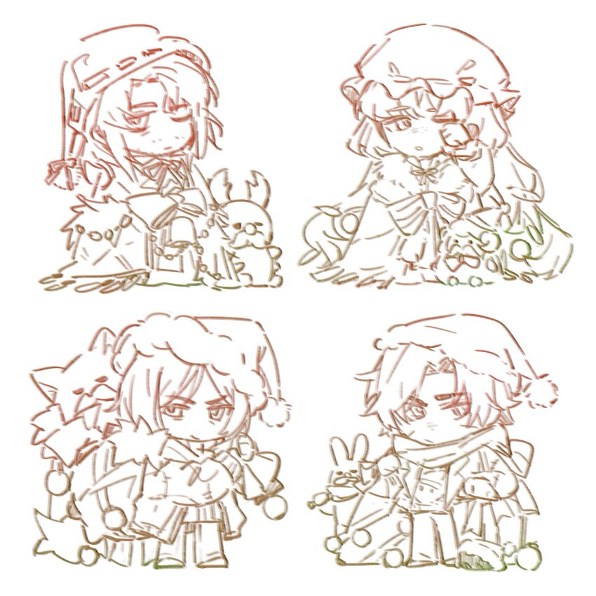 2boys, 2girls, absurdres, brown_theme, christmas_nightmare_(e.g.o), christmas_ornaments_in_hair, closed_mouth, e.g.o_(project_moon)