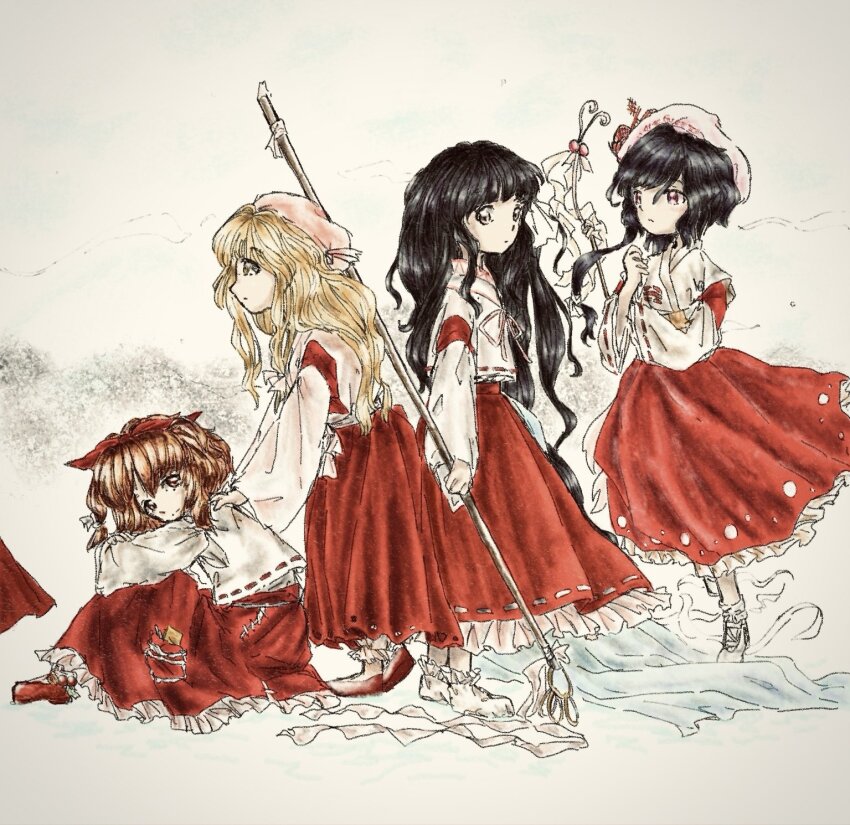 5girls, beret, black_hair, blonde_hair, blonde_shrine_maiden_from_a_future_era_(touhou), bobby_socks, bow, flats