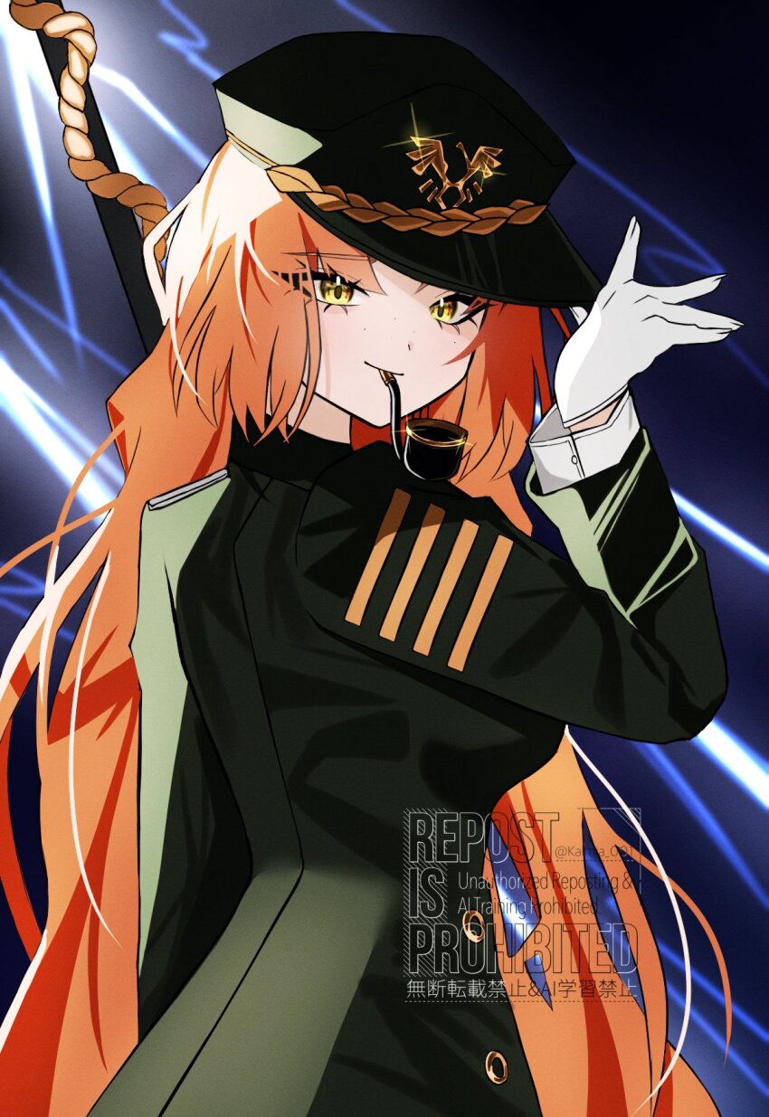 1girl, badge, buttons, closed_mouth, glint, gloves, green_hat, green_jacket