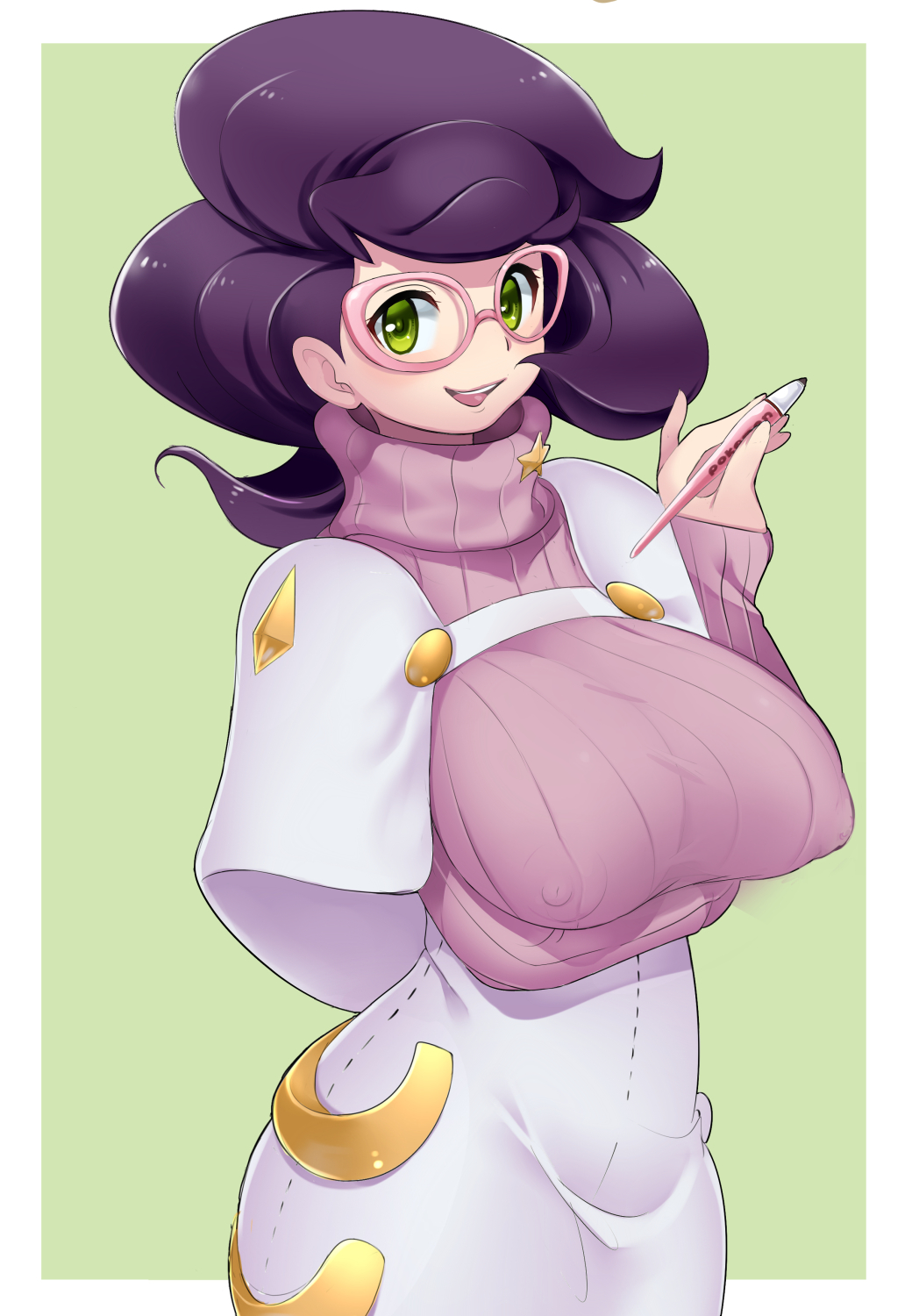 1girl, arm_under_breasts, big_hair, breasts, capelet, covered_erect_nipples, glasses, green_eyes, high-waist_skirt, highres, holding, holding_pen, large_breasts, long_sleeves, makoto_daikichi, medium_skirt, nintendo, pen, pencil_skirt, pink-framed_eyewear, pink_sweater, pokemon, pokemon_sun_and_moon, purple_hair, ribbed_sweater, short_hair, skirt, smile, solo, sweater, sweater_guard, turtleneck, turtleneck_sweater, white_capelet, white_skirt, wicke_(pokemon)