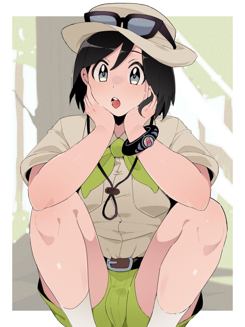 1boy, :o, belt, black_hair, bracelet, breast_pocket, brown_belt, budding_expeditioner_(pokemon)