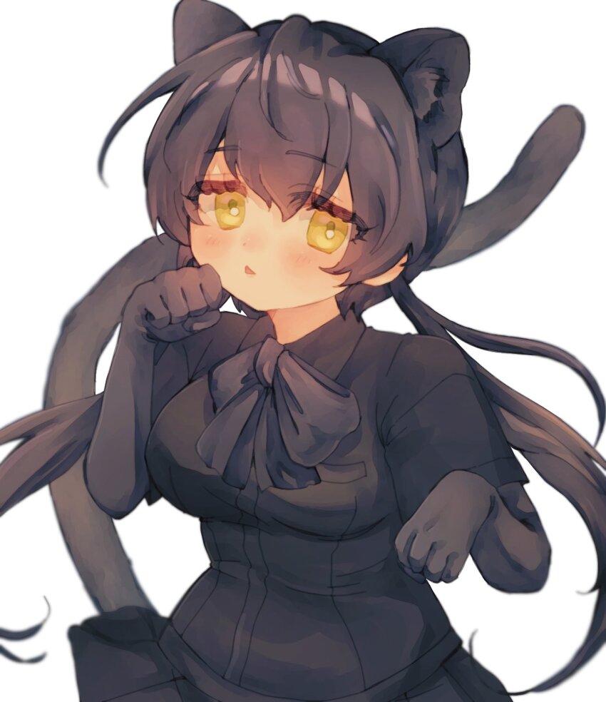 1girl, :<, animal_ears, black_bow, black_gloves, black_hair, black_leopard_(kemono_friends), black_shirt