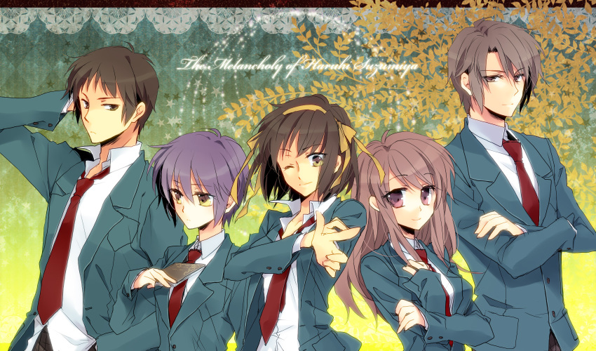 2boys, 3girls, asahina_mikuru, book, brown_eyes, brown_hair, crossdressing, formal_clothes