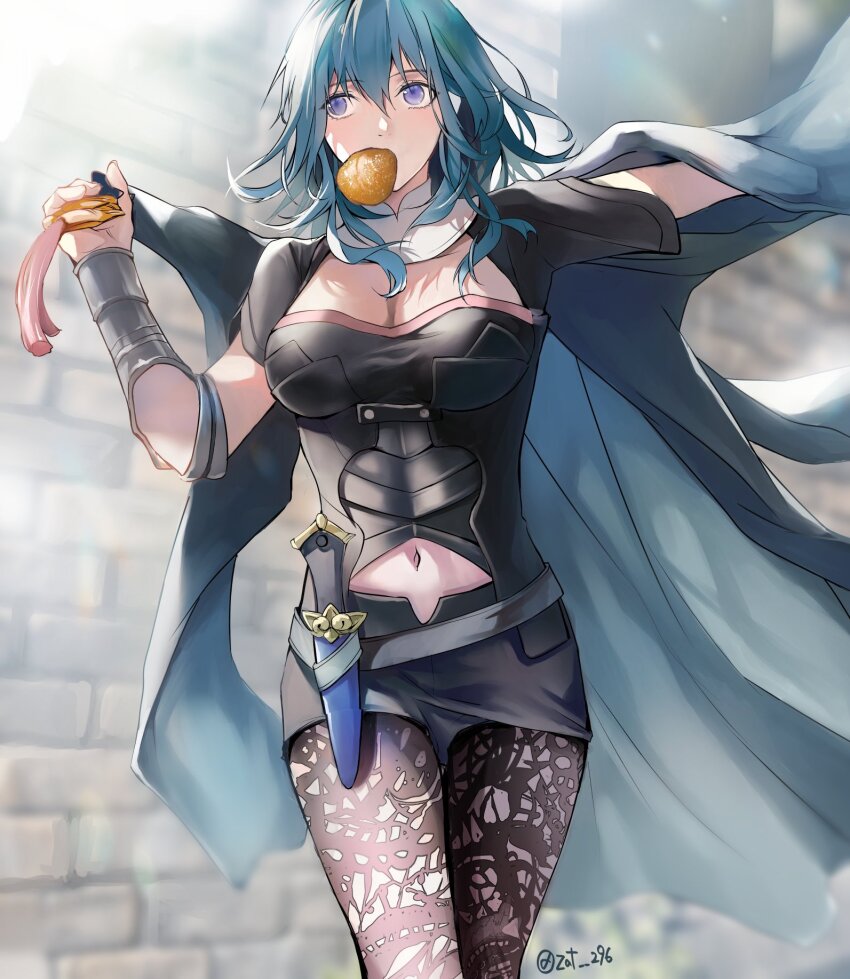 1girl, armor, belt, black_armor, black_belt, black_jacket, black_shorts, blue_hair, bread, breasts, brown_pantyhose, female_byleth_(fire_emblem), cleavage, commentary_request, fire_emblem, fire_emblem:_three_houses, food, hair_between_eyes, highres, jacket, large_breasts, long_hair, mouth_hold, navel, nintendo, pantyhose, purple_eyes, shorts, solo, twitter_username, zat_296