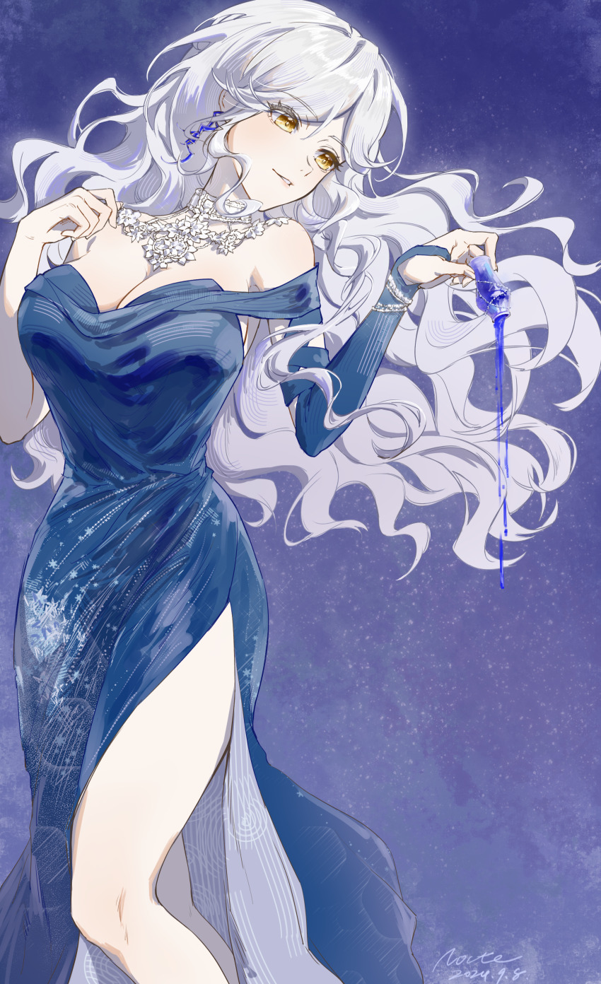 1girl, absurdres, artist_name, bare_shoulders, blue_background, blue_dress, bottle, breasts