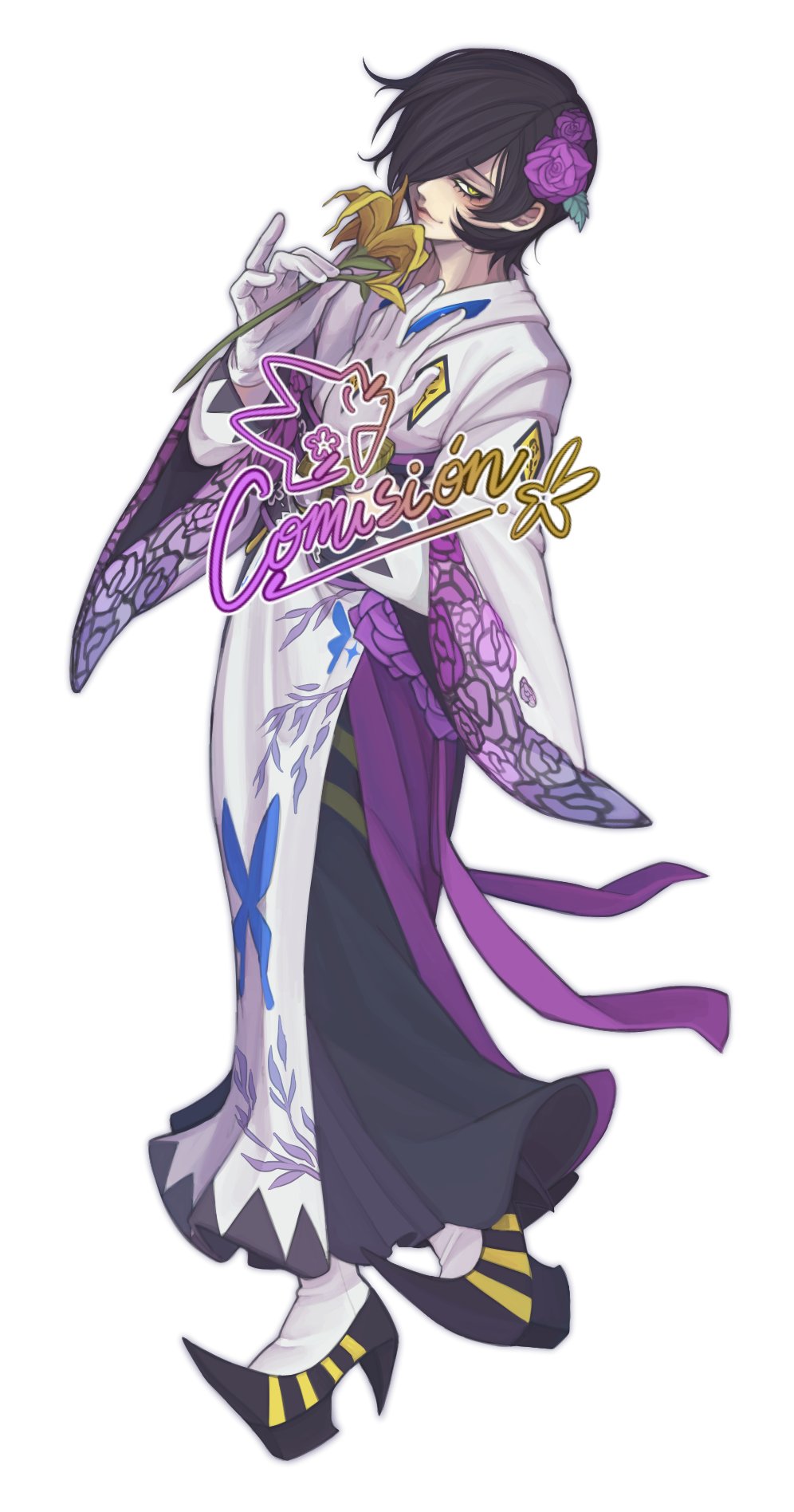 1boy, alternate_costume, animal_print, black_hair, black_kimono, black_sandals, blush, butterfly_print