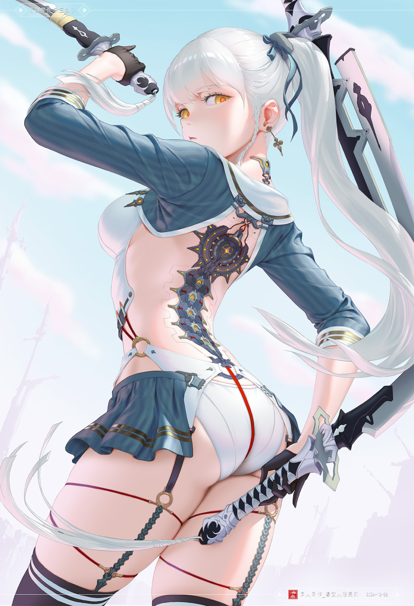 1girl, ass, black_gloves, black_thighhighs, braid, breasts, commentary_request, cosplay, dual_wielding, earrings, eve_(stellar_blade), eve_(stellar_blade)_(cosplay), gloves, hair_ornament, half_gloves, highres, holding, holding_sword, holding_weapon, jewelry, looking_at_viewer, mechanical_spine, medium_breasts, o-ring, original, ponytail, red_pupils, sideboob, skeletoner_blackshining, solo, stellar_blade, sword, thighhighs, war_dress_(stellar_blade), weapon, white_hair, yellow_eyes