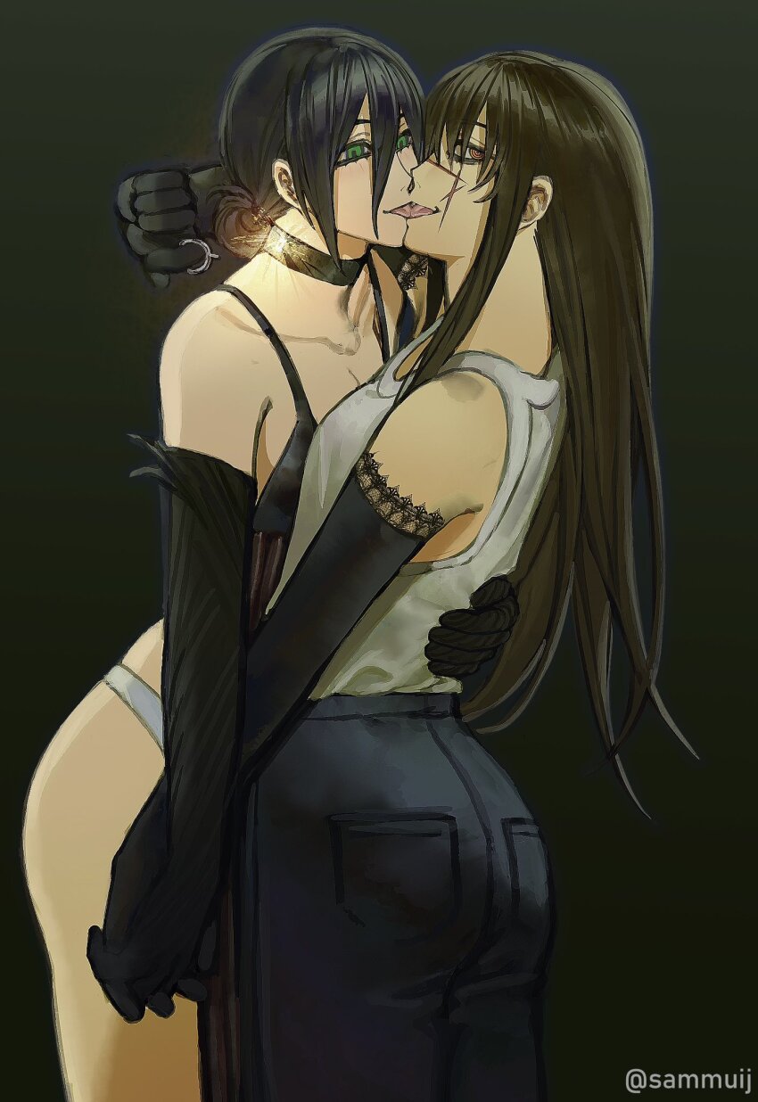 2girls, ass, black_choker, black_gloves, black_hair, blue_pants, chainsaw_man, choker