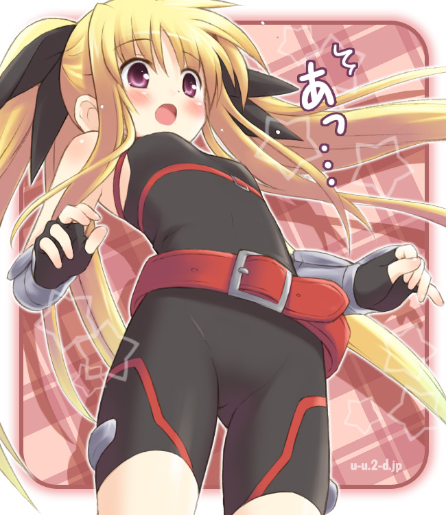 00s, 1girl, :o, ^^^, armpits, bare_shoulders, belt, belt_bra, belt_skirt, black_gloves, blonde_hair, blush, bodysuit, breasts, buckle, cowboy_shot, crotch_focus, eretto, fate_testarossa, fate_testarossa_(sonic_form), female_focus, fingerless_gloves, floating_hair, from_below, gauntlets, gloves, hair_ribbon, loli, long_hair, looking_down, lyrical_nanoha, magical_girl, mahou_shoujo_lyrical_nanoha, mahou_shoujo_lyrical_nanoha_a's, open_mouth, outline, parted_bangs, plaid_background, purple_eyes, ribbon, shadow, sidelocks, single_vertical_stripe, small_breasts, solo, spandex, star_(symbol), star_symbol_background, surprised, twintails, unitard, very_long_hair, watermark, web_address
