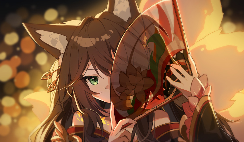 1girl, absurdres, animal_ear_fluff, animal_ears, bare_shoulders, blurry, blurry_background, brown_hair, brown_hanfu, chinese_clothes, commentary, covering_one_eye, folding_fan, fox_ears, fox_girl, fox_tail, fugue_(honkai:_star_rail), green_eyes, hair_between_eyes, hand_fan, hands_up, hanfu, highres, holding, holding_fan, honkai:_star_rail, honkai_(series), long_hair, long_sleeves, looking_at_viewer, mogu_kinoko, multiple_tails, off_shoulder, portrait, solo, untranslatable_commentary, tail, tingyun_(honkai:_star_rail)
