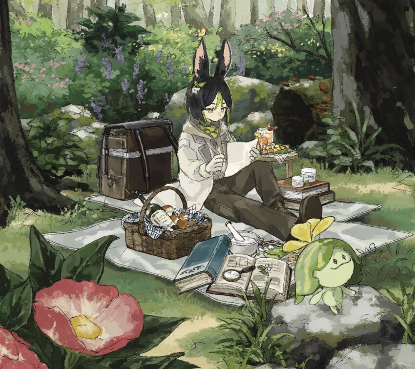 1boy, animal_ear_fluff, animal_ears, aranara_(genshin_impact), backpack, bag, basket, black_hair