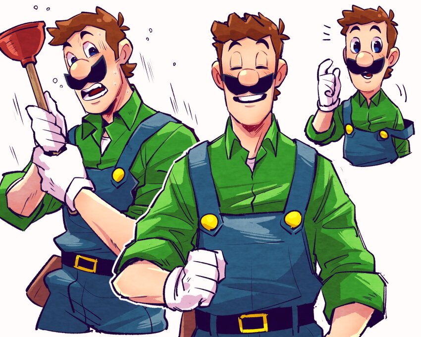 1boy, belt, blue_eyes, blue_overalls, brown_hair, closed_eyes, collared_shirt, facial_hair