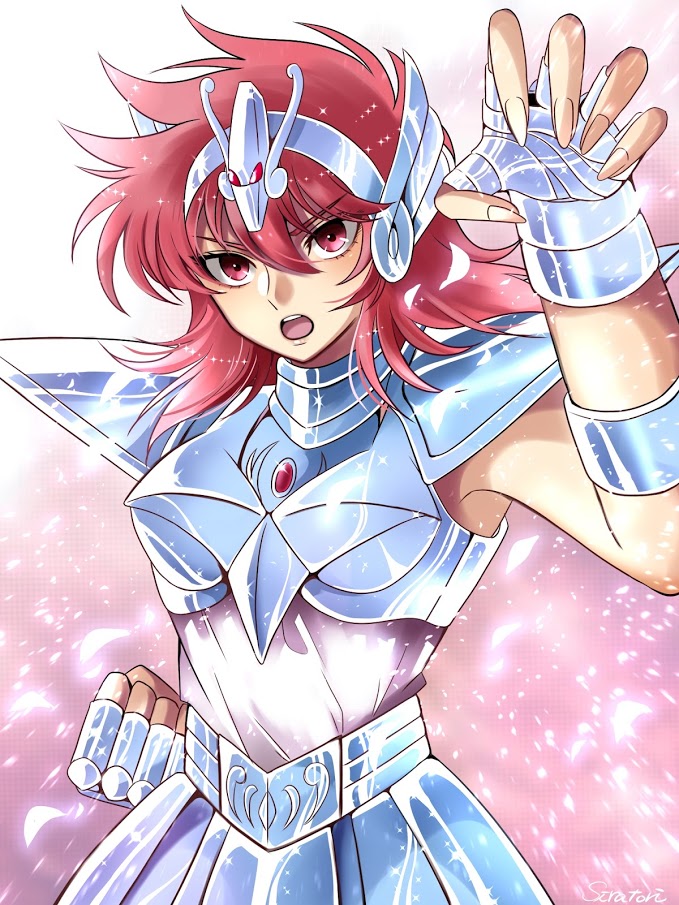 1girl, armlet, armor, armored_skirt, boobplate, breastplate, claw_pose, clenched_hand, cowboy_shot, equuleus_shoko, fighting_stance, fingerless_gloves, fingernails, glint, gloves, hairband, hand_up, jewelry, kei_(nvew8238), long_fingernails, long_hair, looking_at_viewer, metal_hairband, open_mouth, pauldrons, pink_background, red_eyes, red_hair, saint_seiya, saint_seiya_saintia_sho, shoulder_armor, silver_hairband, skirt, sleeveless, solo, sparkle, v-shaped_eyebrows, winged_hairband