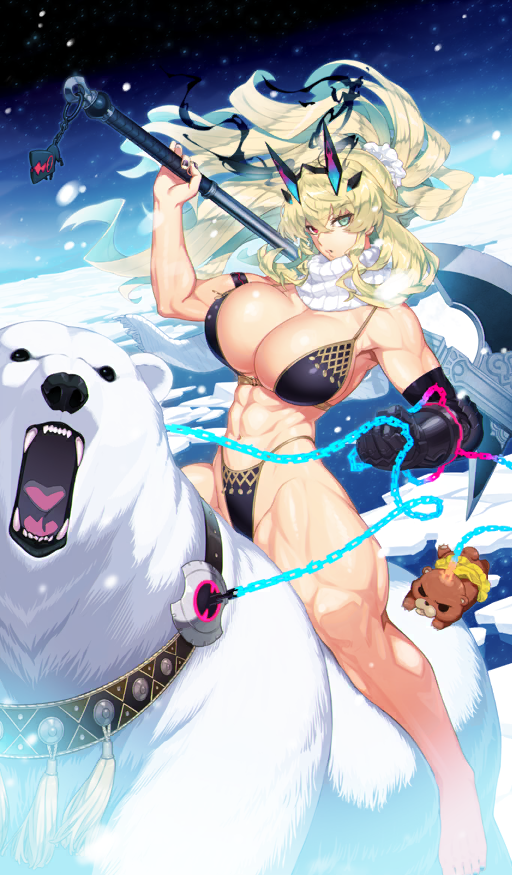 1boy, 1girl, abs, asymmetrical_dual_wielding, axe, bare_shoulders, barghest_(fate), barghest_(ice_warrior)_(fate)