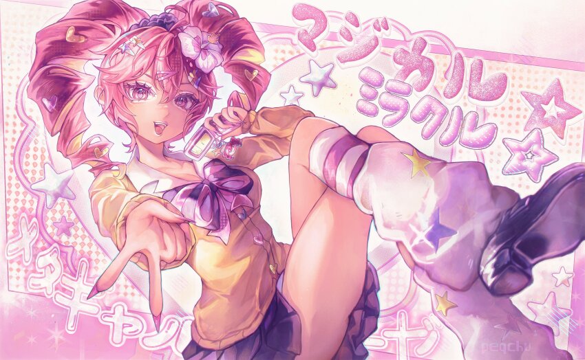 1girl, absurdres, black_bow, black_bowtie, black_shoes, black_skirt, bow, bowtie, breasts, brown_shirt, buttons, cellphone, drill_hair, fingernails, flower, foot_out_of_frame, gyaru, hair_between_eyes, hair_flower, hair_ornament, heart, heart_hair_ornament, highres, kasane_teto, kneehighs, lips, looking_at_viewer, magical_miracle_metagalphose_(synthv), manba_gyaru, medium_breasts, miniskirt, open_mouth, peqchu, phone, pink_bow, pink_bowtie, pink_nails, platform_shoes, red_hair, sharp_fingernails, shirt, shoes, sitting, skirt, socks, solo, teeth, tongue, tongue_out, twin_drills, upper_teeth_only, utau, v