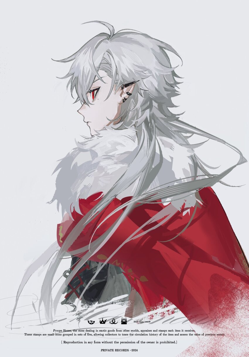 1boy, abbitr2, ahoge, cape, closed_mouth, crossed_bangs, dated, ear_piercing, earrings, english_text, expressionless, facing_away, floating_hair, from_behind, fur-trimmed_cape, fur_trim, hair_between_eyes, hashtag-only_commentary, highres, jewelry, kuzuha_(2nd_costume)_(nijisanji), kuzuha_(nijisanji), long_hair, looking_ahead, male_focus, mole, mole_under_eye, nijisanji, official_alternate_costume, parted_bangs, piercing, pointy_ears, red_cape, red_eyes, simple_background, solo, upper_body, virtual_youtuber, white_background, white_hair
