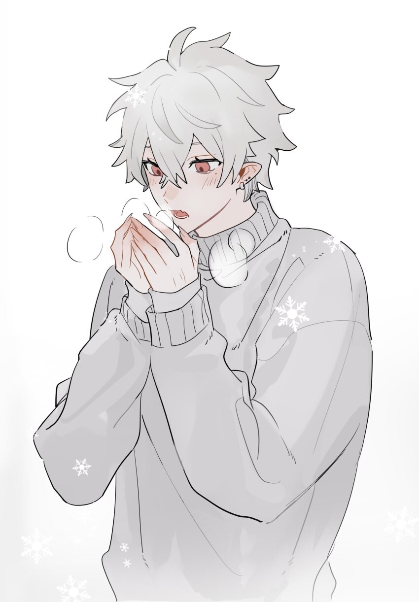 1boy, abbitr2, ahoge, blush, breath, cold, commentary, crossed_bangs