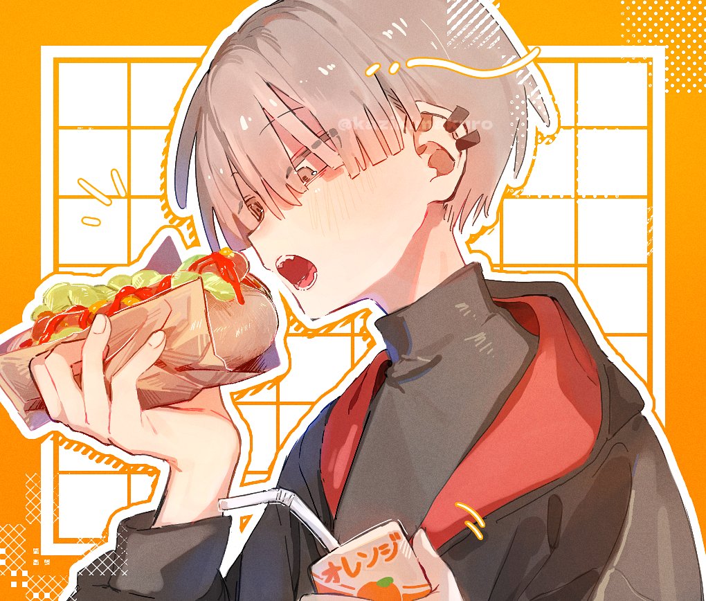 1boy, black_jacket, blonde_hair, drink_carton, drinking_straw, ear_piercing, earclip, eating