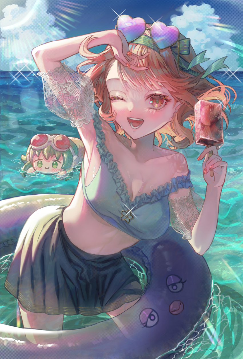 2girls, aqua_bikini, aqua_flower, bikini, blue_skirt, breasts, cleavage, cloud