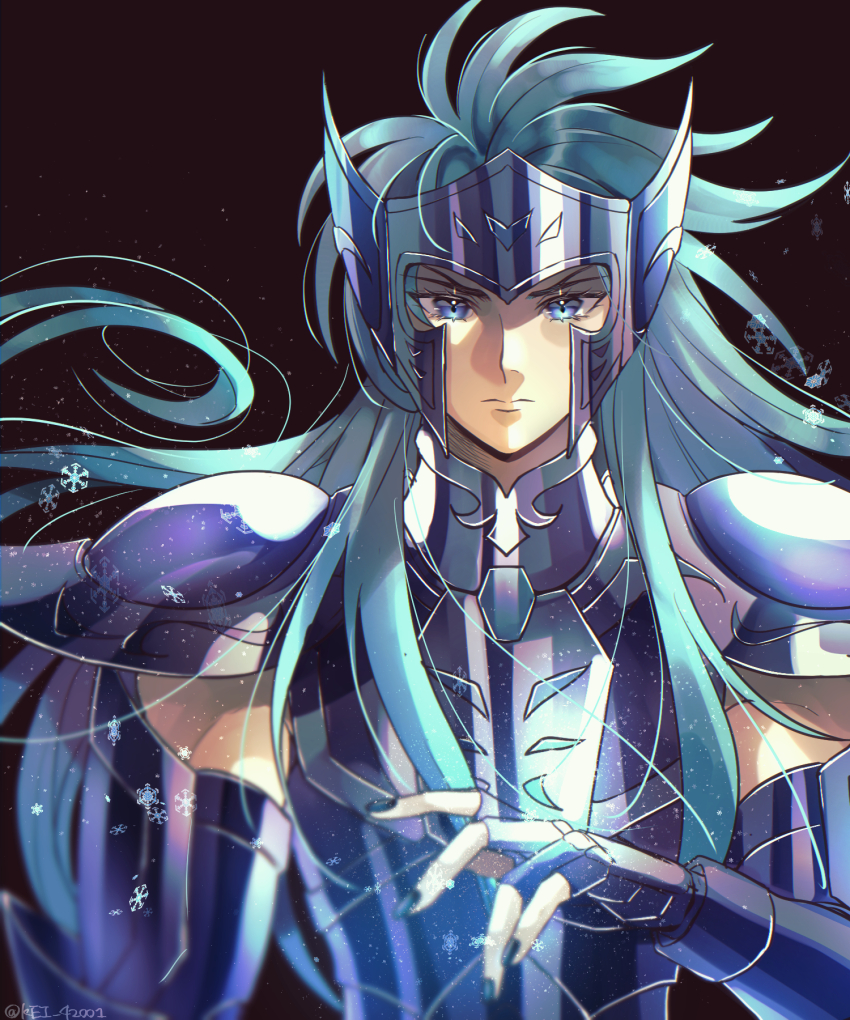 1boy, androgynous, aquarius_camus, armor, bishounen, black_background, blue_eyes, blue_hair