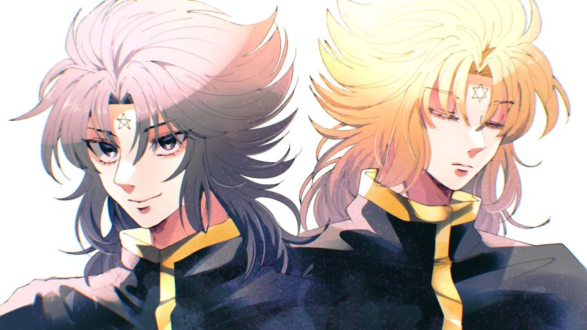 2boys, blonde_hair, brothers, closed_eyes, curtained_hair, expressionless, facial_mark, forehead_mark