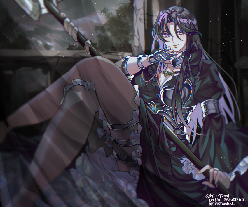 1girl, armlet, armor, black_dress, black_hair, breasts, chest_guard, cleavage, corset, crossed_legs, curtains, dress, frilled_dress, frilled_sleeves, frills, hand_up, highres, holding_polearm, jewelry, juliet_sleeves, kei_(nvew8238), knee_up, large_breasts, long_dress, long_hair, long_sleeves, looking_at_viewer, necklace, night, on_floor, pandora_(saint_seiya), polearm, puffy_sleeves, purple_eyes, saint_seiya, saint_seiya:_the_lost_canvas, see-through_curtains, sitting, smile, solo, thighlet, trident, weapon, wide_sleeves, window