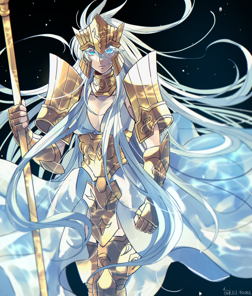 1girl, armor, armored_boots, blue_eyes, boots, breasts, caustics, cleavage