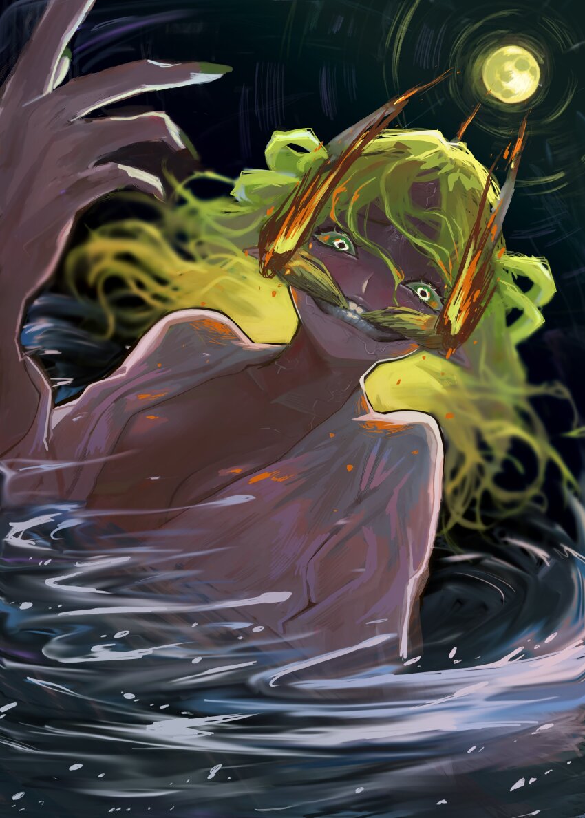 1girl, absurdres, alternate_costume, black_sky, blonde_hair, breasts, crazy, crazy_eyes