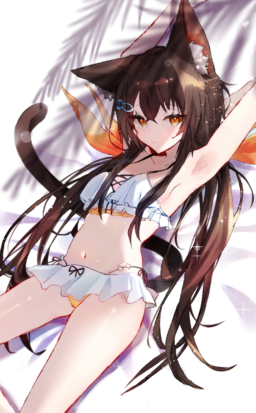1girl, animal_ear_fluff, animal_ears, armpits, arms_up, bikini, bikini_skirt, breasts
