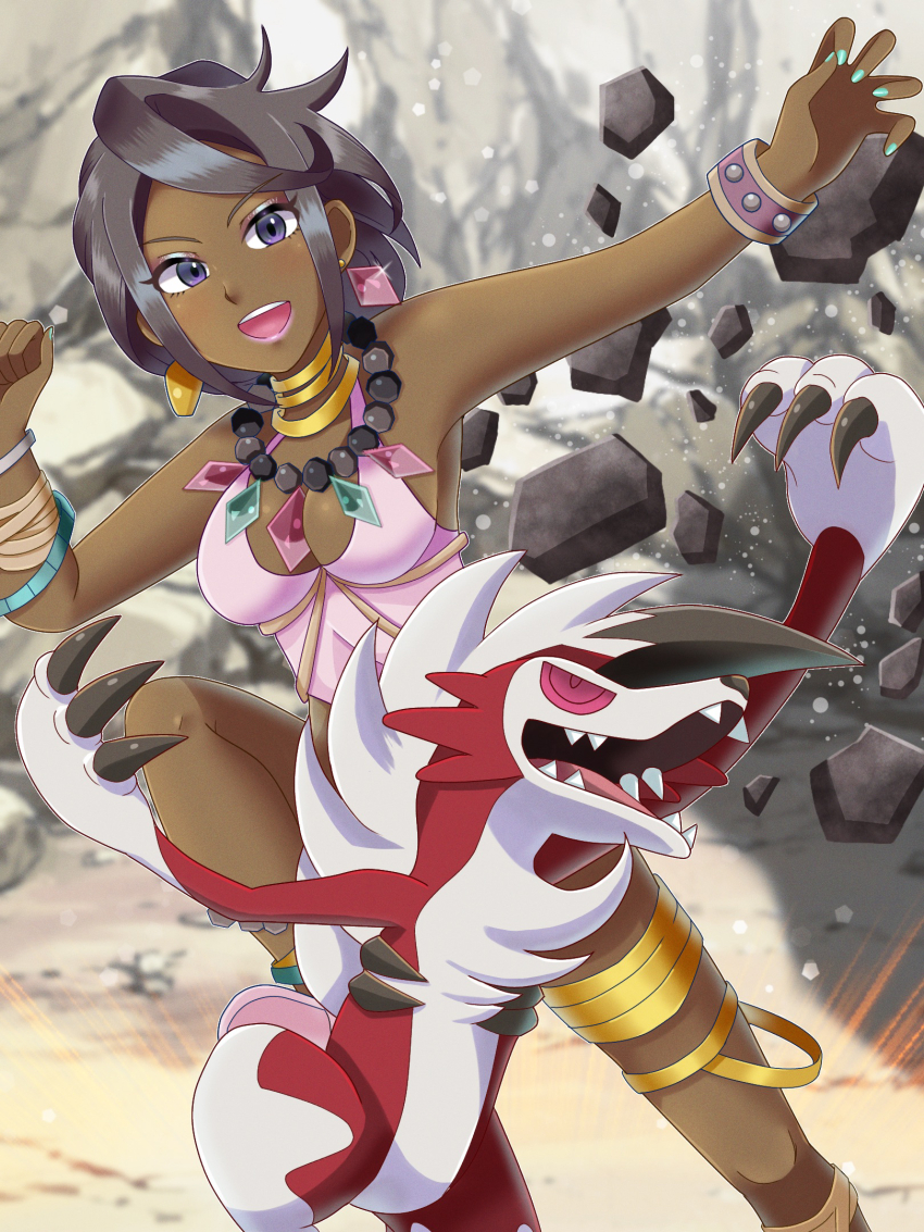 1girl, anklet, aqua_gem, beads, bracelet, breasts, ch1emon_i, claws