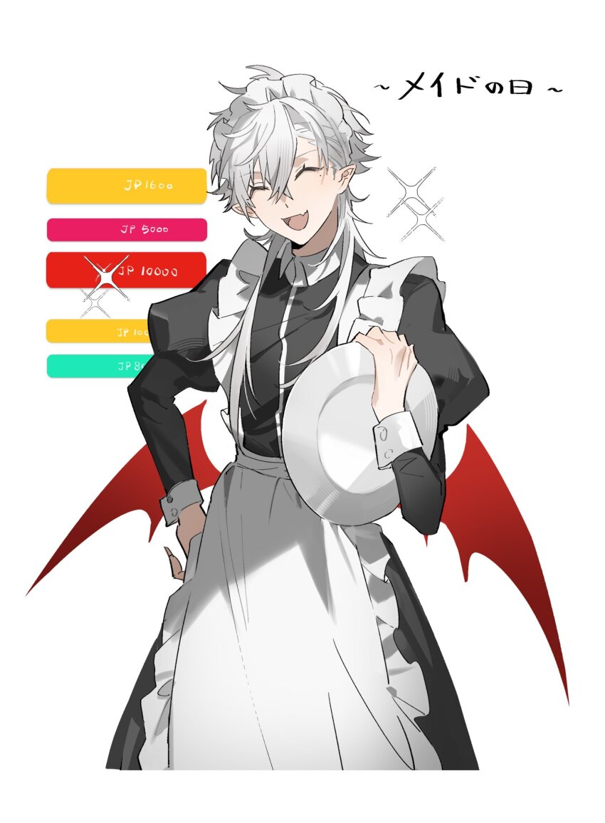 1boy, :d, ^_^, abbitr2, alternate_costume, apron, bat_wings, black_dress