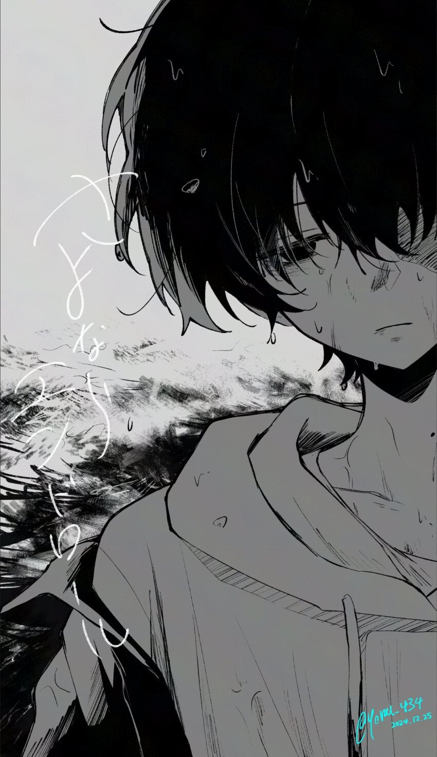 1boy, beach, black_eyes, black_hair, burn_scar, collarbone, empty_eyes, eve_(musician)