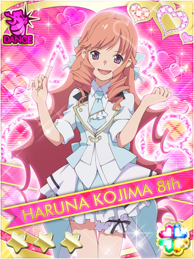 1girl, :d, akb0048, blue_necktie, bow, card_(medium), character_name, clenched_hand