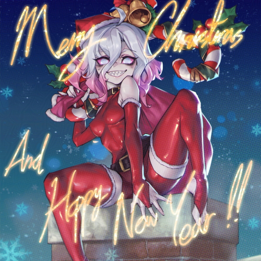 1girl, blood_golem, breasts, briar_(league_of_legends), gradient_background, grin, hat, highres, league_of_legends, legs_apart, leotard, medium_breasts, medium_hair, no_shoes, phantom_cross, pointy_ears, santa_hat, sharp_teeth, smile, solo, teeth, thighhighs