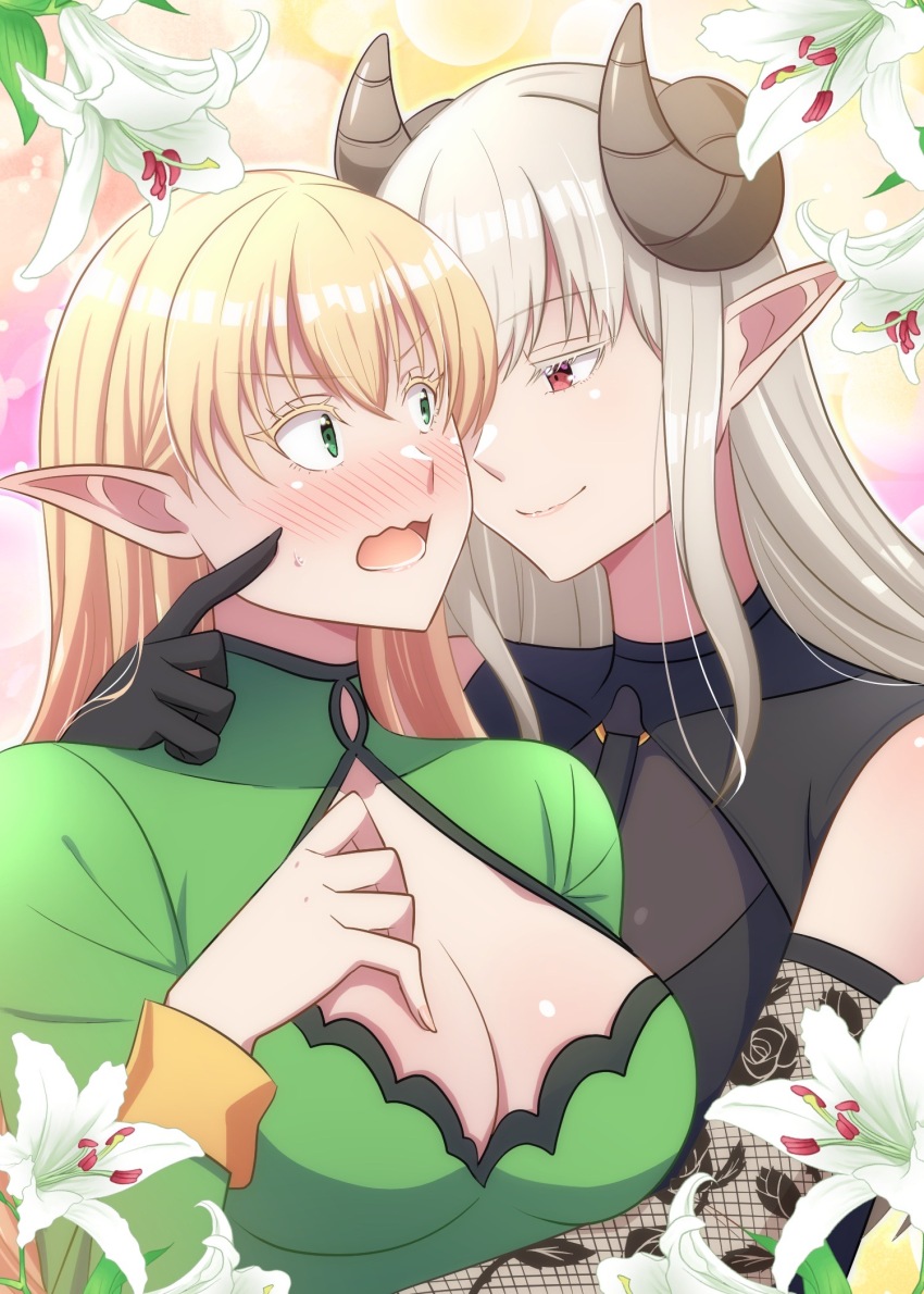 2.5_jigen_no_ririsa, 2girls, black_gloves, blonde_hair, blue_eyes, blue_w_moon, blush, breasts, cleavage, collarbone, colored_eyelashes, cosplay, elfen_(2.5_jigen_no_ririsa), elfen_(2.5_jigen_no_ririsa)_(cosplay), eri_(2.5_jigen_no_ririsa), female_focus, gloves, green_leotard, hair_behind_ear, hanyuu_mayuri, highres, horns, large_breasts, leotard, long_hair, lustalotte_(2.5_jigen_no_ririsa), multiple_girls, open_mouth, pointy_ears, red_eyes, sidelocks, smile, yuri