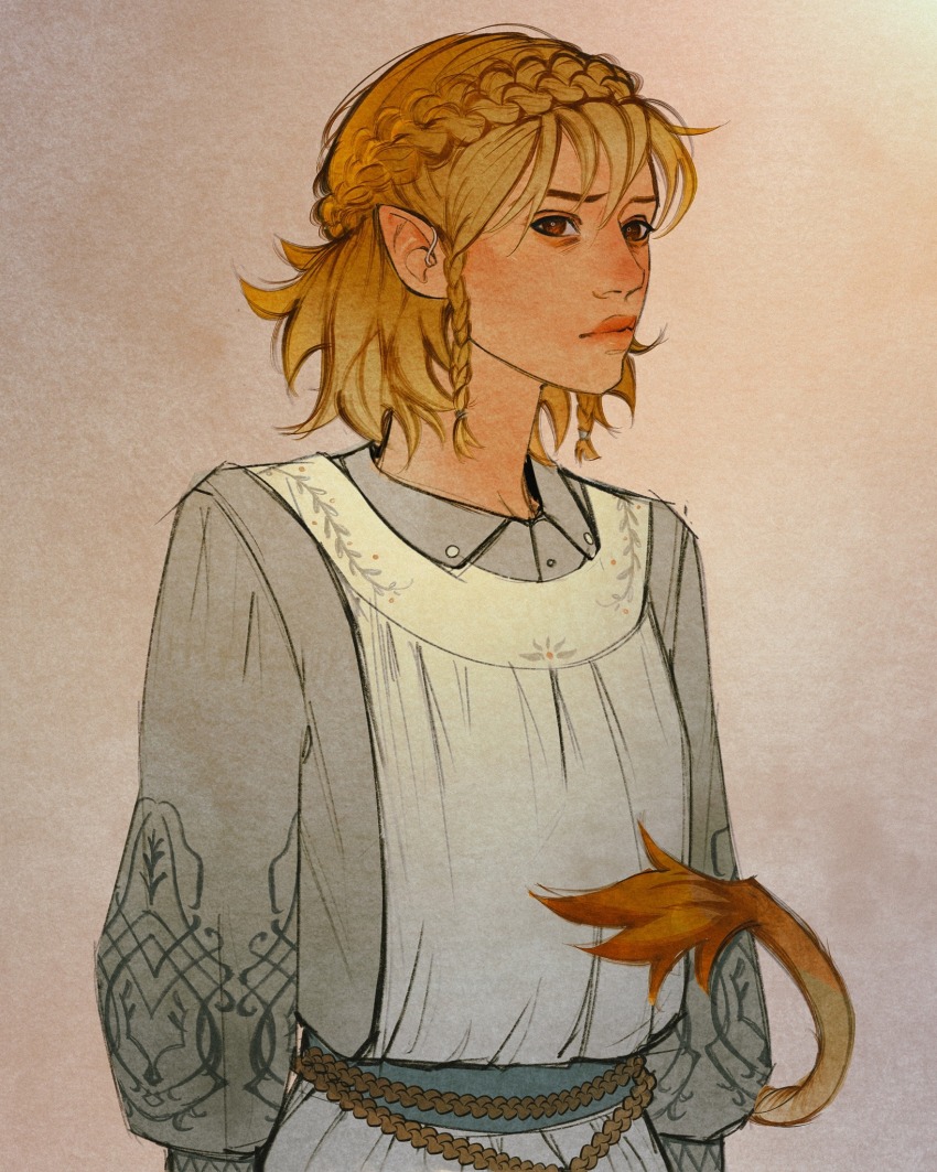 1girl, alt_text, alternate_eye_color, blonde_hair, braid, brown_eyes, commentary, cow_tail