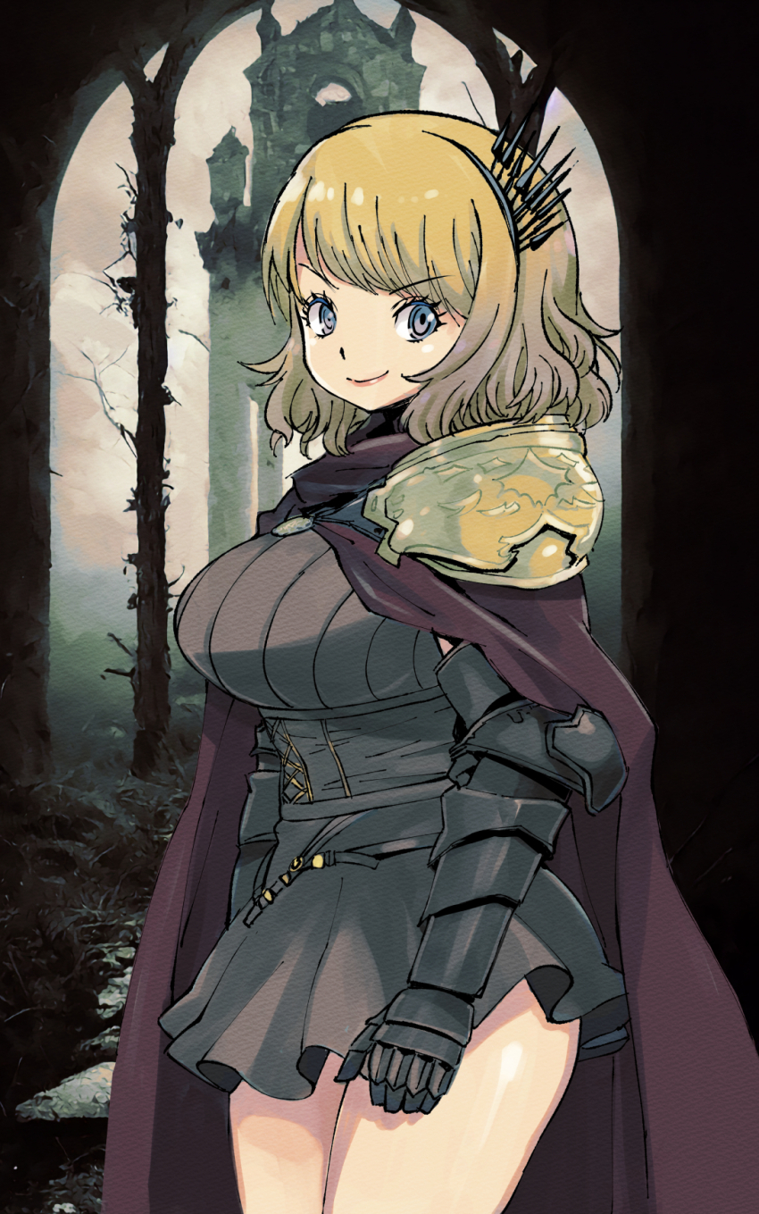 1girl, armor, artist_request, blonde_hair, blue_eyes, breasts, cape, corset, gauntlets, hair_ornament, highres, lanavaille_(wizardry), large_breasts, looking_at_viewer, medium_hair, pauldrons, red_cape, ruins, shiny_skin, shoulder_armor, single_pauldron, skirt, smile, tagme, thick_thighs, thighs, tree, wizardry, wizardry_variants_daphne