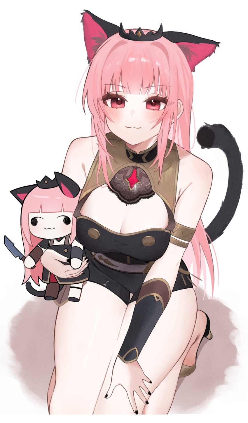 1girl, :3, animal_ears, black_dress, black_tiara, blush, breasts, chibi, cleavage, detached_sleeves, dress, highres, holding, hololive, hololive_english, jewelry, large_breasts, long_hair, looking_at_viewer, mori_calliope, mori_calliope_(1st_costume), pink_hair, red_eyes, simple_background, single_detached_sleeve, smile, smol_calli, solo, tiara, virtual_youtuber, weird_cat_(mori_calliope), yufu