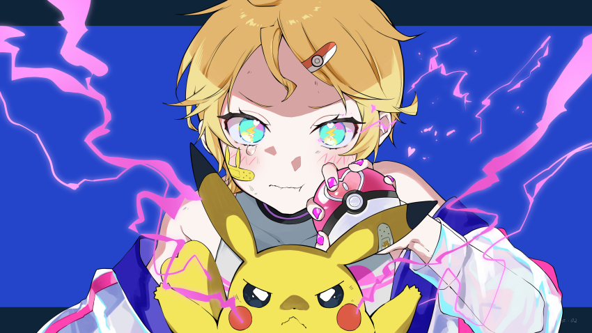 1boy, absurdres, bandaid, blonde_hair, blue_eyes, gen_1_pokemon, highres, holding