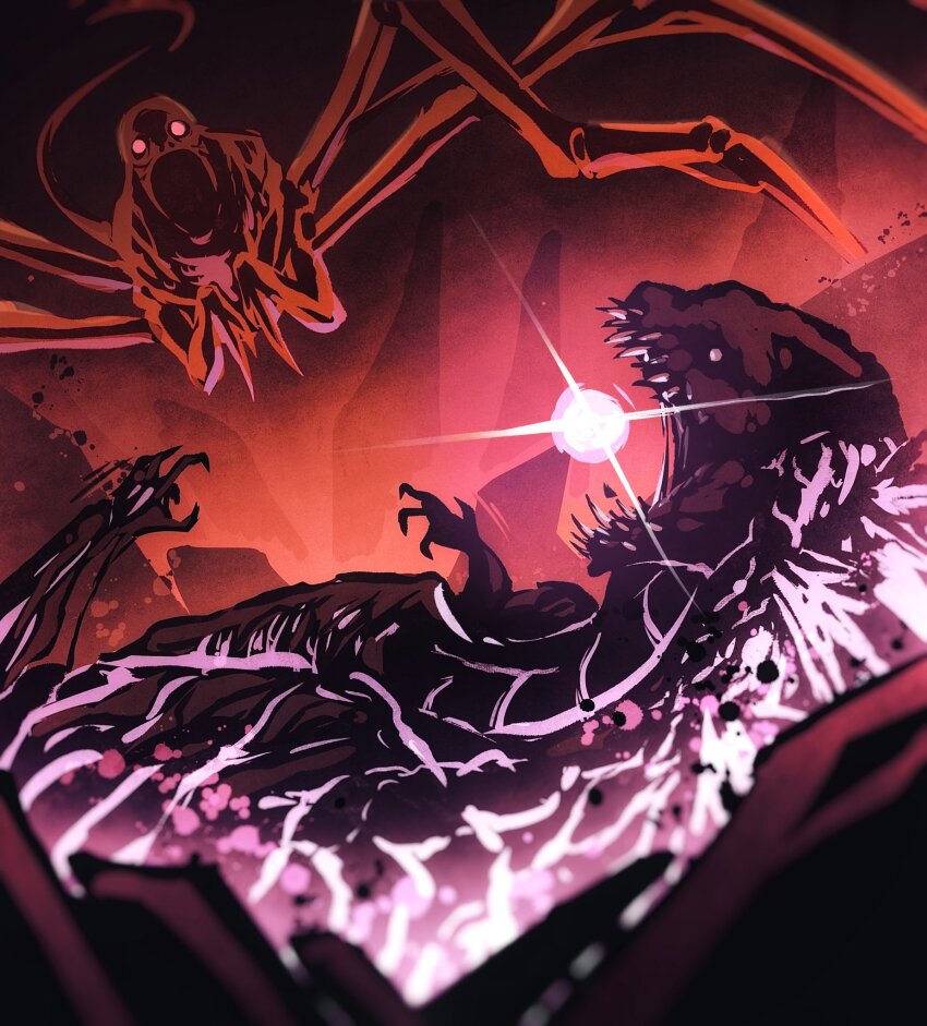 battle, body_horror, colored_skin, commentary, creepypasta, demon, eldritch_abomination, energy, energy_ball, english_commentary, fighting, giant, giant_monster, glowing, glowing_eyes, glowing_mouth, godzilla, godzilla:_monster_of_monsters!, godzilla_(series), godzilla_(shin), graphite_(medium), hell, highres, hollow_eyes, hoodedmask, horror_(theme), kaiju, monster, no_humans, open_mouth, red_(creepypasta), red_eyes, red_skin, sharp_teeth, shin_godzilla, sketch, standing, teeth, toho, traditional_media