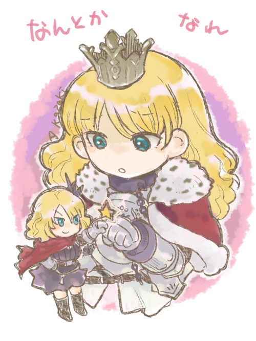 2girls, armor, artist_name, belt, black_footwear, blonde_hair, blue_eyes, boots