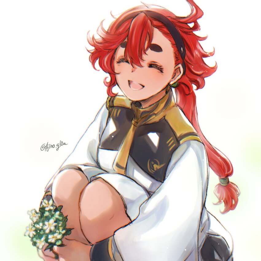 1girl, ahoge, asticassia_school_uniform, black_hairband, bouquet, closed_eyes, commentary, daisy_(flower)