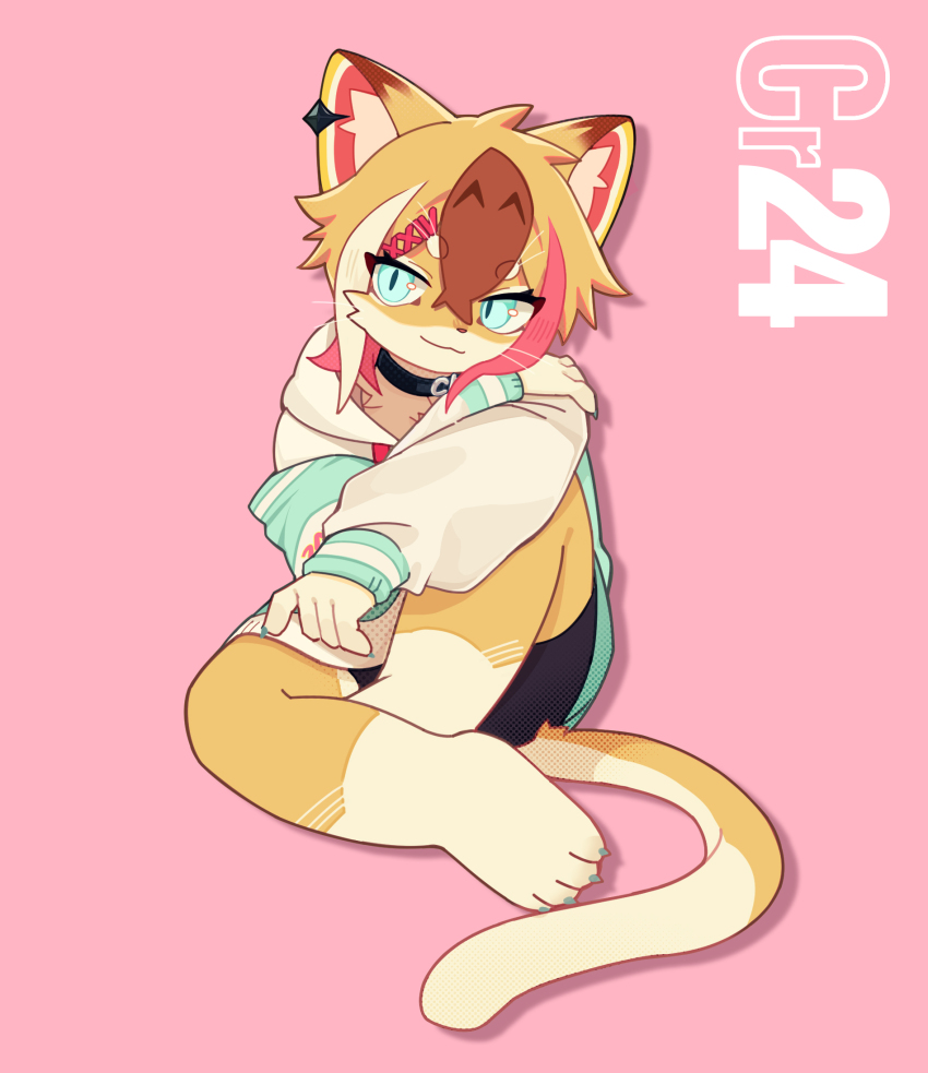 animal_ears, barefoot, black_shorts, blonde_hair, blue_eyes, brown_hair, cat_tail, collar