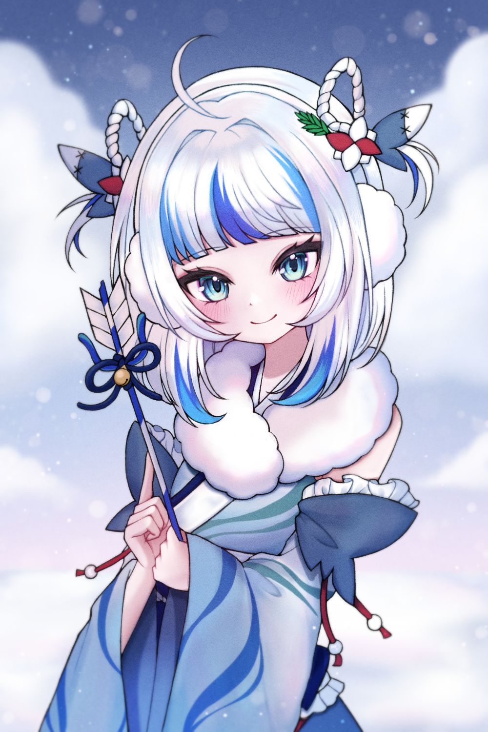 1girl, ahoge, blue_hair, blue_kimono, closed_mouth, fur-trimmed_kimono, fur_trim, gawr_gura