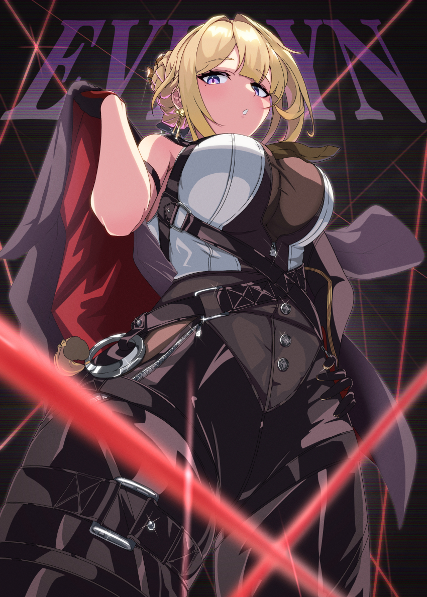 1girl, absurdres, black_pants, blonde_hair, breasts, character_name, cleavage, evelyn_chevalier