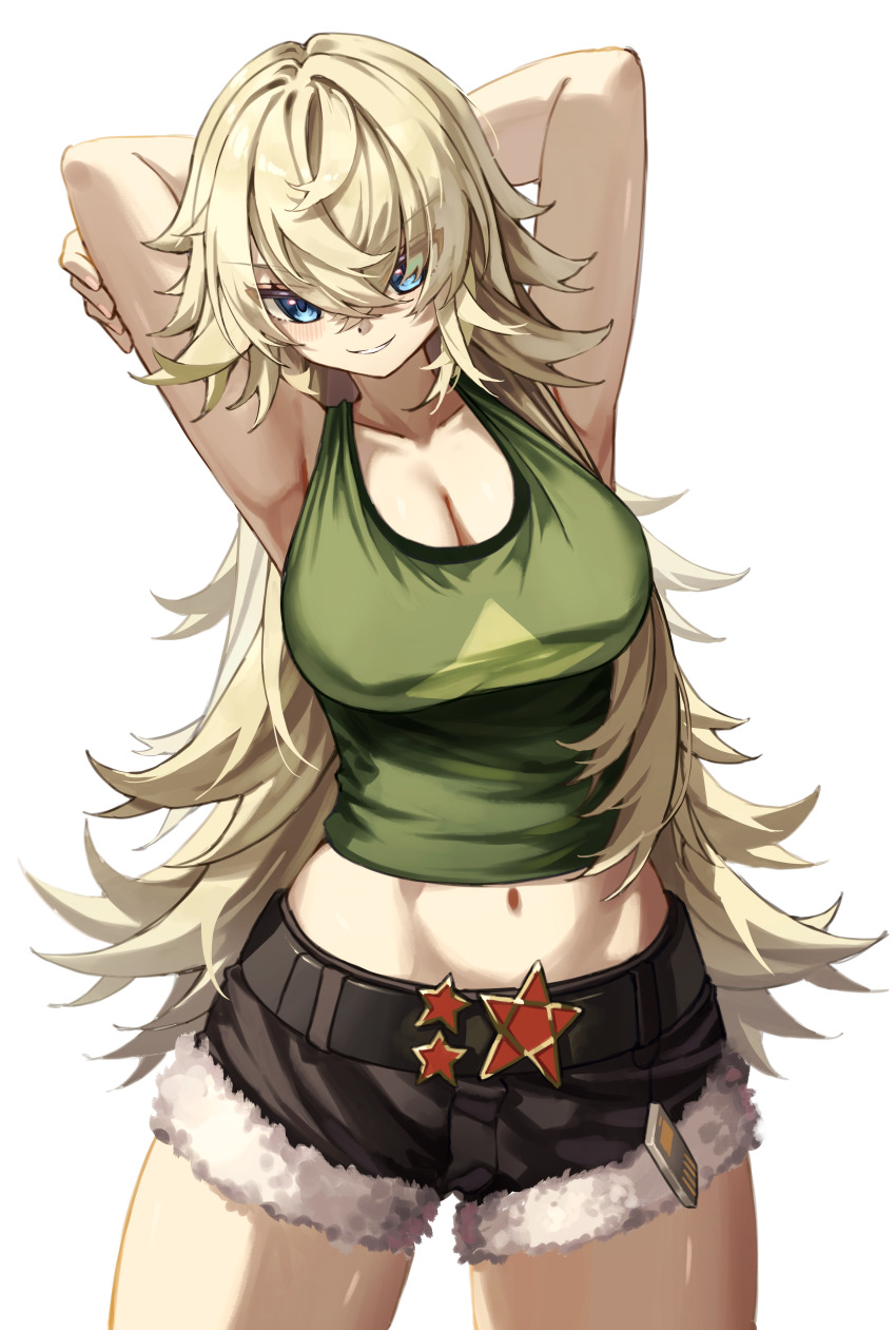 1girl, absurdres, armpits, arms_behind_head, arms_up, belt, black_belt, black_hair