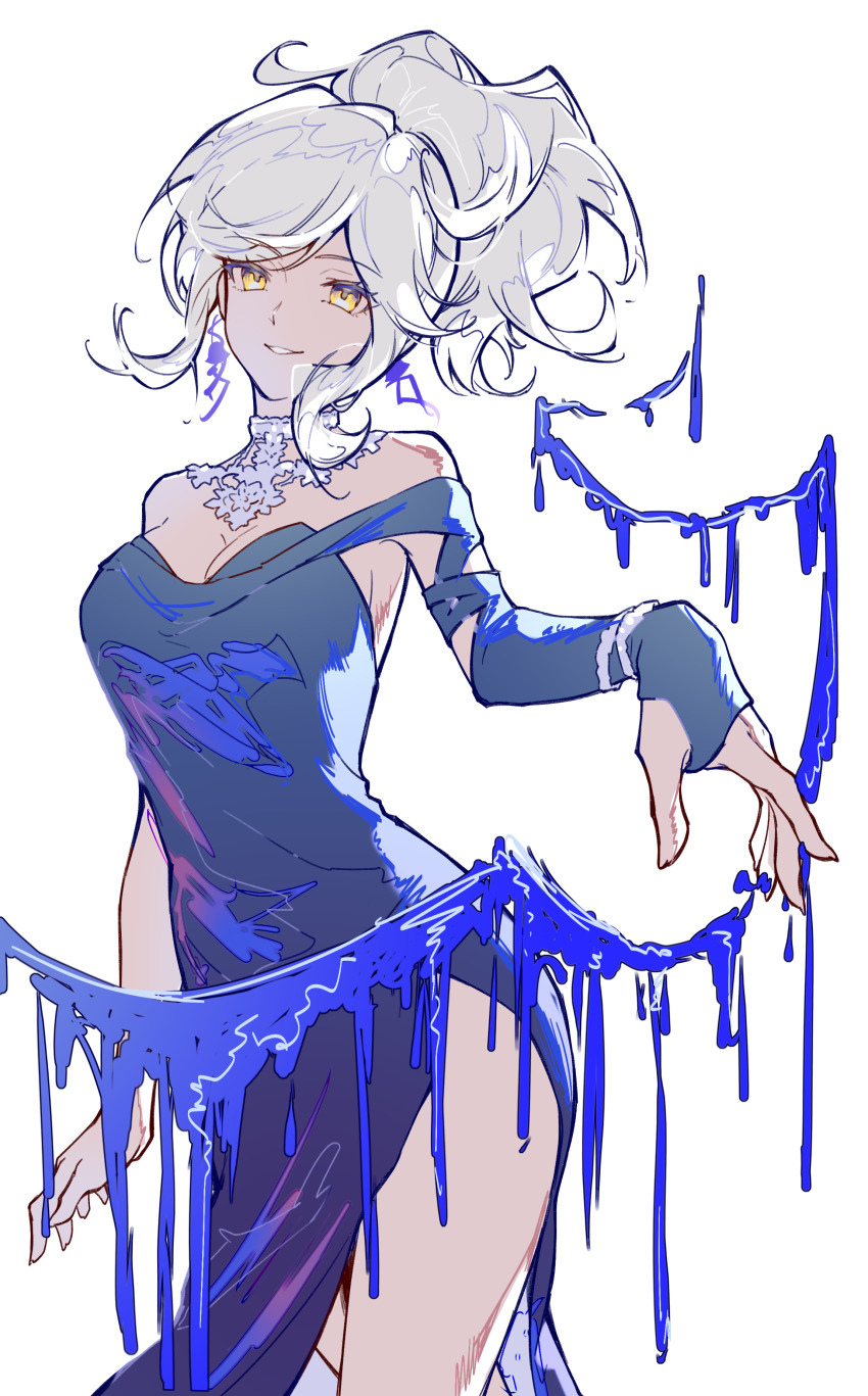 1girl, absurdres, bare_shoulders, blue_dress, blue_liquid, breasts, cleavage, cowboy_shot