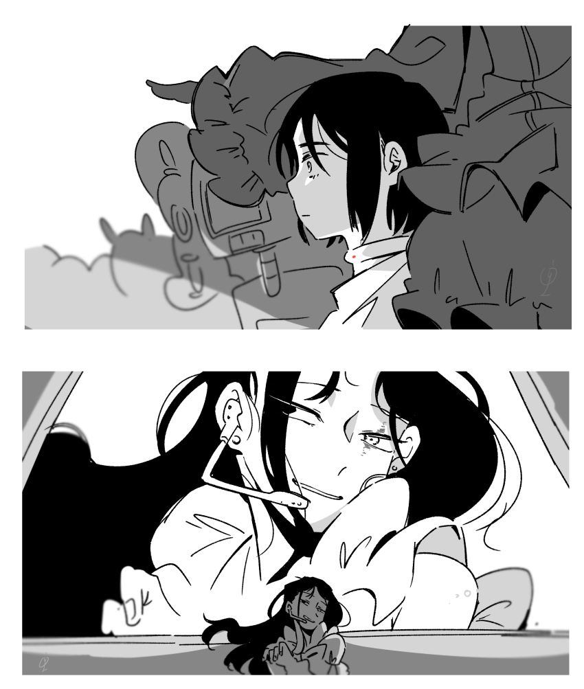 2girls, absurdres, alien, alien_stage, choker, commentary_request, earrings, floating_hair