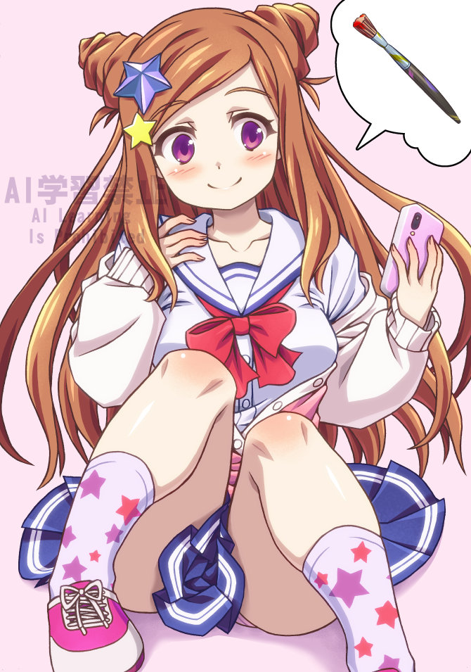 1girl, arihitom, asobe_iroha, blue_skirt, bow, breasts, brown_hair, collarbone